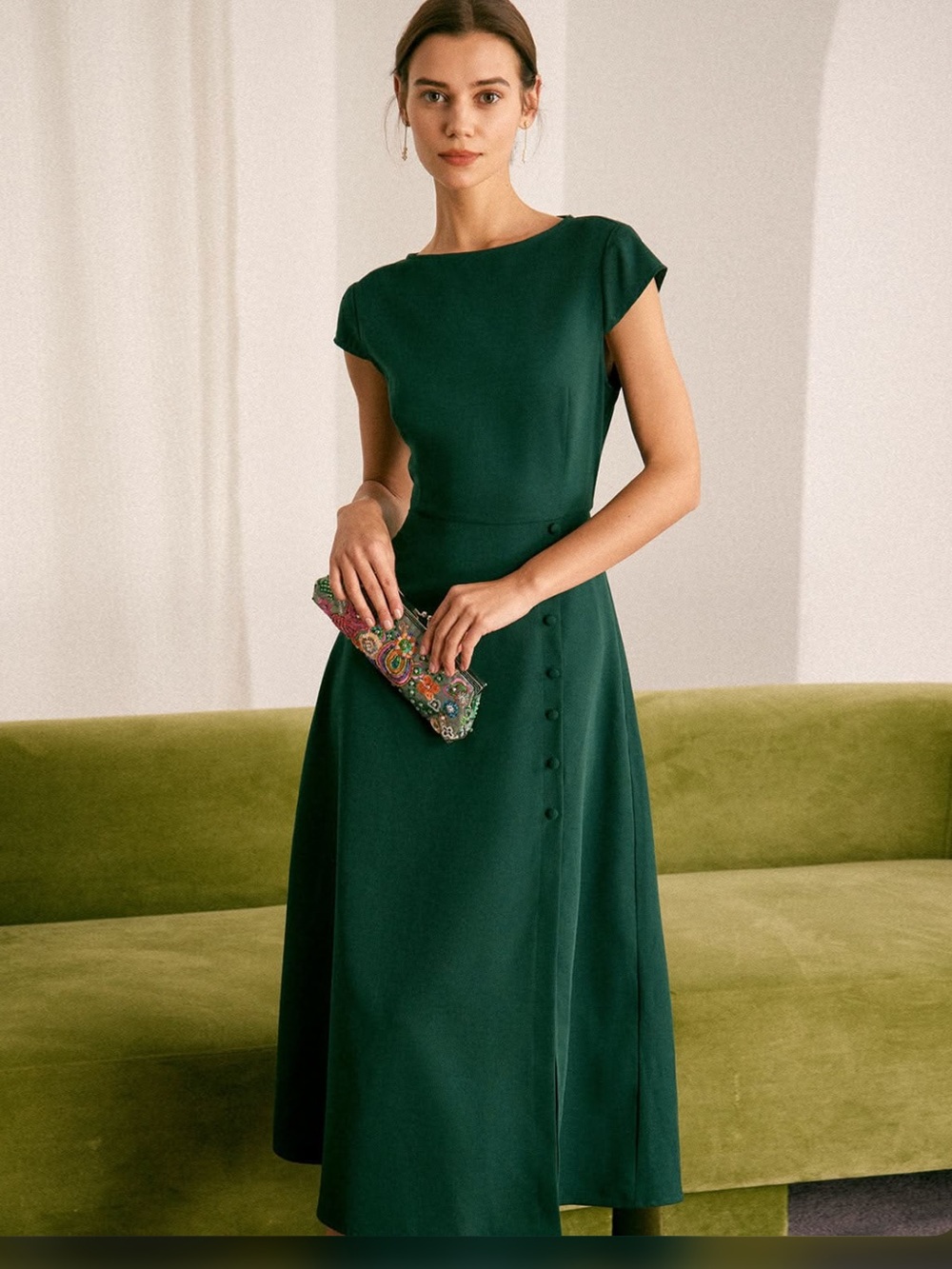 RIHOAS Deep Green Boat Neck Midi Dress with Side Buttons Cutout Back